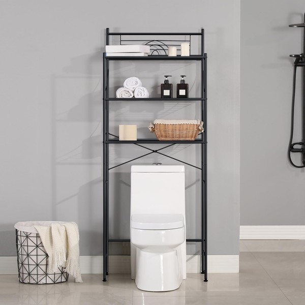 MallBoo Toilet Storage Rack with X-Shaped Bar, 3 -Tier Over-The-Toilet Bathroom Spacesaver - Easy to Assemble,9.45" D x 25.59" W x 65.35" H(Black)