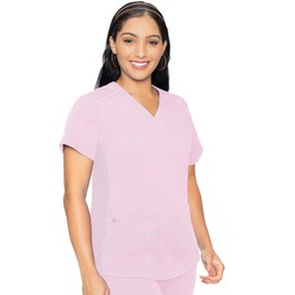 Med Couture V-Neck Scrub Top for Women with 4 Pockets, Rib-Knit Side Panel, and Shirttail Hem MC7459, S, Ice Pink