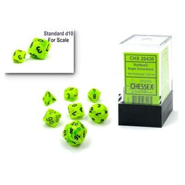 Chessex Dice Set – 10mm Vortex Bright Green/Black Plastic Polyhedral Dice Set – Dungeons and Dragons D&D DND TTRPG Dice – Includes 7 Dice - D4 D6 D8 D10 D12 D20 D%,CHX20430