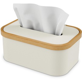 Vireon Bamboo Tissue Box Dispenser with Oxford Fabric Tissue Box Tissue Box Tissue Boxes Cosmetic Tissue Box for Living Room Bathroom Kitchen in White
