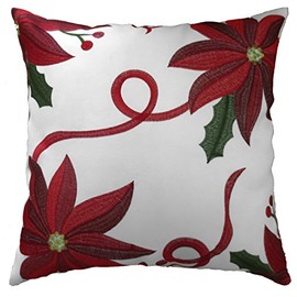 Violet Linen Decorative Christmas Poinsettias Design Cushion Cover, 18" x 18", Embroidered White