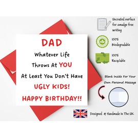 Printperfect dad birthday cards, happy birthday dad "at least you dont have ugly kids", funny dad card from son or daughter children (Red Envelope)
