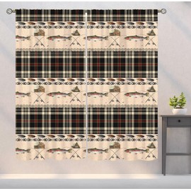 YSWOW Fishing Curtains Vintage Rustic Cabin Rods Lure Southwestern Check Angle Art Printed Window Drapes for Bedroom Living Room Decor Fabric 2 Panel W21xL45in