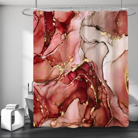 BayNook Burgundy Red Marble Shower Curtain, Modern Abstract Fabric Shower Curtain for Bathroom, Luxury Art Decor Gold Ink Texture Watercolor Shower Curtain Set with Hooks 72x72