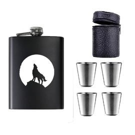 Zixrmor 1 x 304 Hip Flask and Funnel, 4 Small Cups, 8 oz.227 ml Hip Flask with Engraving, Suitable for Stainless Steel Hip Flask, Carrying Alcohol, Exquisite Pattern Flask (Black) (Wolf Pattern)