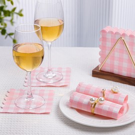 100 Pcs Pink Plaid Napkins Scalloped Cocktail Napkins Folded 5 x 5 Inches Dessert Disposable Napkins for Dinner Wedding Birthday Party