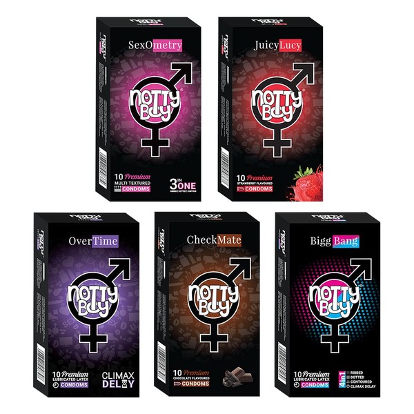 NottyBoy Condoms Special Assorted Pack for Couples - 4IN1 Ribbed Dotted Contoured Extra Time, 3IN1, Long Lasting, Ultra Thin Strawberry and Chocolate Condom (50 Count)