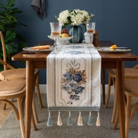 Luxury Table Runner with Multi-Tassels, Long Elegant Embroidery Jacquard Table Runner Dresser Scarf for Dining Room Party Banquet Coffee Table, White, 14x95inch