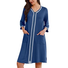 Ekouaer Zipper Robes for Women 3/4 Sleeves Lightweight House Coat Zip Up Bathrobe Soft Nightgown with Pockets (Navy, Small)