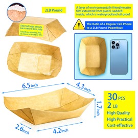 MotBach 30 Pack 2Lb Paper Food Boat Trays Disposable Paper Boats Containers, Kraft Food Serving Tray Boats Plates for Snack Popcorn Dessert Hot Dog Sandwich Burger Taco Fries Nacho