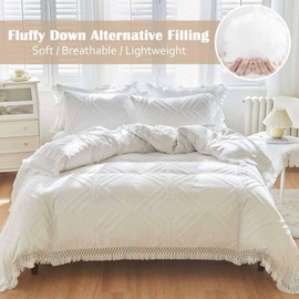 Nanko Full Size Comforter Set, White Tufted Tassel Jacquard Boho Geometric Shabby Chic Down Alternative Soft Microfiber Bedding - Farmhouse Modern Bed Sets in a Bag for Women Men 80x90 3pc