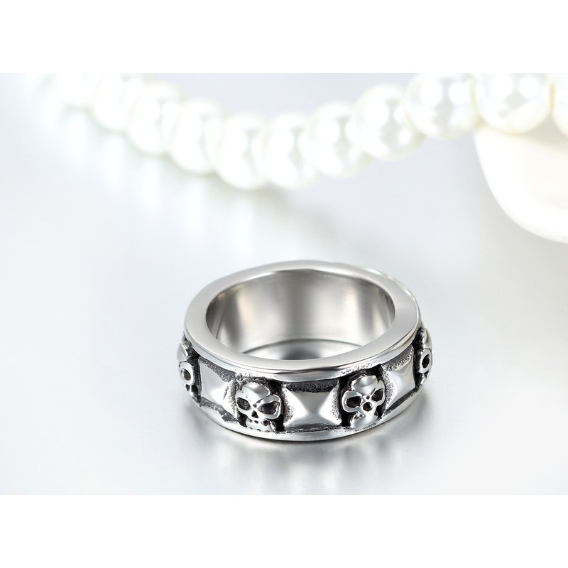 JewelryWe Stainless Steel Skull and Pyramid Combination Cast Band Ring