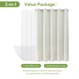 FY&XZH 2-in-1 Hookless Waffle Shower Curtains Set, No Hook Waffle Textured Shower Curtain with Thickened PEVA Liner, Hotel Style Bath Curtain with Built-in Grommets, Water Resistant(Beige)