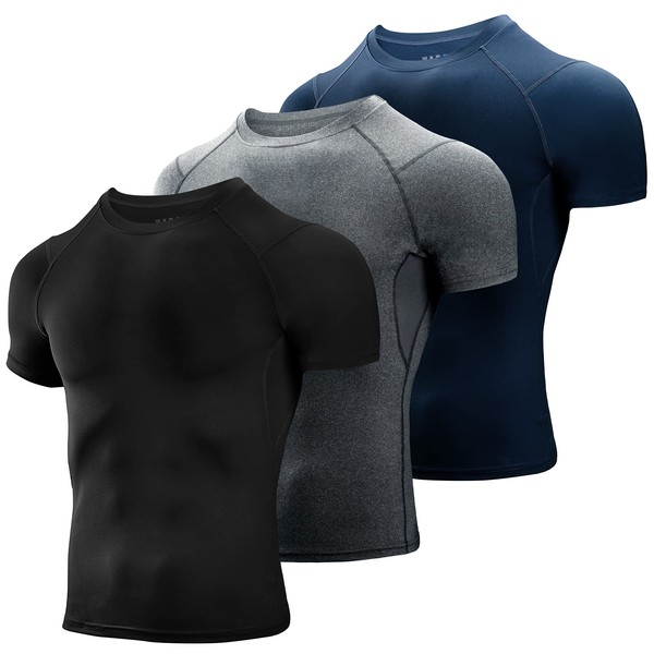 Niksa Pack of 3 Men's Compression Shirts, Running Shirts, Men's Short-Sleeved Mesh Short-Sleeved Functional Shirt, Breathable Sports Shirt for Running, Workout, Jogging, Fitness, Gym, Black-grey-navy, m