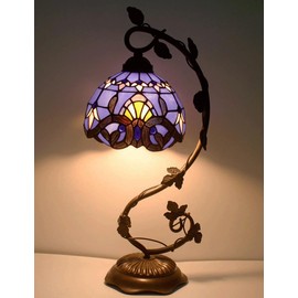 8 Inches Tiffany Lamp Stained Glass Table Lamp, Metal Leaf Base Reading Desk Light Decor Small Space Vintage Bedside Lamps