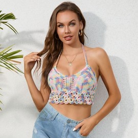 A361 Bikini Cover-up: Colorful Line Back-Hanging Neck Lace-Up Padded Crochet Hollow Top Size/01 Blue 10ea