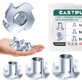 EASTPUK 180-Pack 1/4"-20 5/16"-18 3/8"-16 T-Nuts Assortment Kit Zinc Plated Steel, 4-Pronged Tee Nut for Wood, Rock Climbing Holds T Nuts Set Nutserts for Wood Furniture