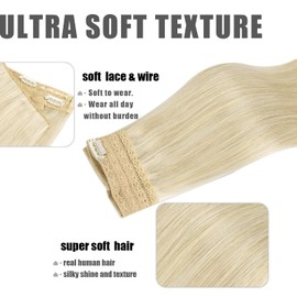 HOTBANANA Wire Hair Extensions, 12 inch 70g Bleach Blonde Fish Line Hair Extensions Real Human Hair Straight Invisible Wire Hair Extensions Remy Hair Extensions