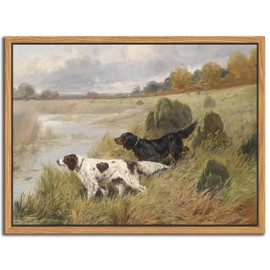 Floating Framed Vintage Hunting Dog Wall Art, Classic Countryside Landscape Canvas Print, English Setter and Gordon Setter Painting, Rustic Farmhouse Wall Decor for Living Room Study Office 8X10 inch