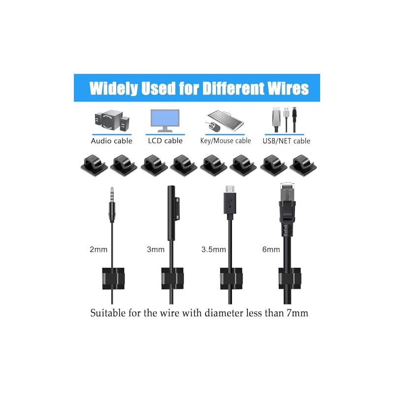 50 Piezas Clips Organizador de Cables Autoadhesivo, Negro, 14 x