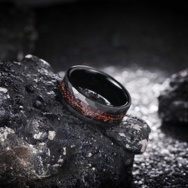 THREE KEYS JEWELRY 8mm Black High Polished Tungsten Carbide Wedding Band Engagement Ring for Women Comfort Fit Hammered Design Edges Inlay Red Gold Sparkles 9