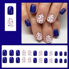 Jremg Blue Press on Nails Short Square Fake Nails with White Flower Designs Spring Summer Full Cover Stick on Nails Glossy Glitter Glue on Nails Reusable Floral Acrylic Glue on Nails for Women 24Pcs