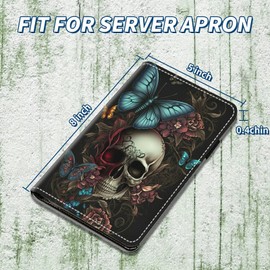 Server Books for Waitress 5 x 7.75 inch Black Server Book with Zipper Pocket and 5 Large Pockets 1 Pen Holder Cute Waitress Book Organizer Fit Server Apron - Blue Butterfly Skull