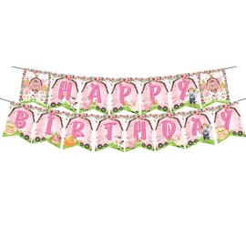 Pink Farm Animal Happy Birthday Banner Girl Farm Animals Party Banners Farms Animals Birthday Banner Cow Pig Donkey Bunting Banners for Animals Baby Shower Decor