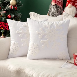 MIULEE Pack of 2 Christmas Decorative Snowflake Throw Pillow Covers Canvas Embroidery Cushion Cases Holiday Decor Soft Pillowcases for Couch Sofa Bedroom Car（White, 20x20in）