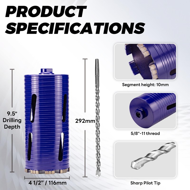 DaduoRi 4-1/2" Pro Dry Core Drill Bit with Pilot Bit