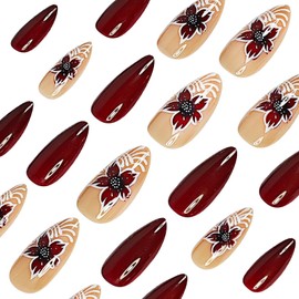 Fall Press on Nails Glossy Wine Red Fake Nails Medium Almond False Nails with Maple Leaf Design Solid Color Glue on Nails Full Cover Stick on Nail Autumn Artificial Nail for Women Manicure 24Pcs