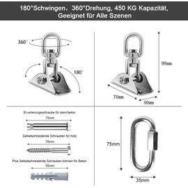 Ceiling Hook Hanging Chair Swing Spring 450 kg Capacity 360° Rotation Heavy Duty Stainless Steel Bracket Swing Hook Hanging Hook with 3 Carabiner Hooks for Hanging Chair Concrete Wood Hammock Punch