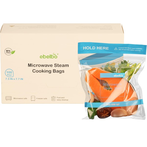 ebelbo 100 Count Microwave Steam Bags 7.3"x7.7" for Cooking and