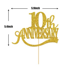 Gold Glitter 10th Anniversary Cake Topper - Happy 10th Wedding Anniversary / Birthday Party Decorations