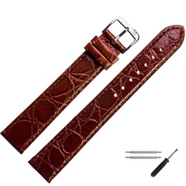 28 mm XL Extra Long, with Stitching – Brown Crocodile Embossed Leather Watch Strap With Spring Bars & Tool – Watch Strap Oversized – MARBURGER Since 1945 Watch Straps – Red/Silver