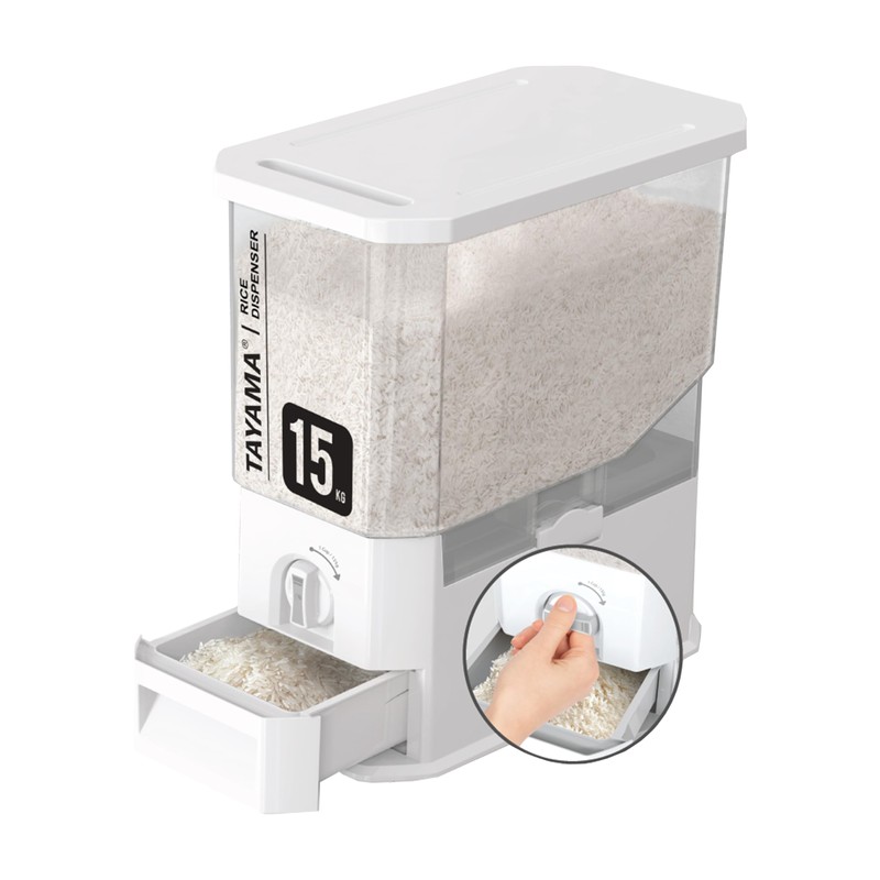 TAYAMA 33 lbs. Capacity Rice Dispenser Grain Storage Container, White