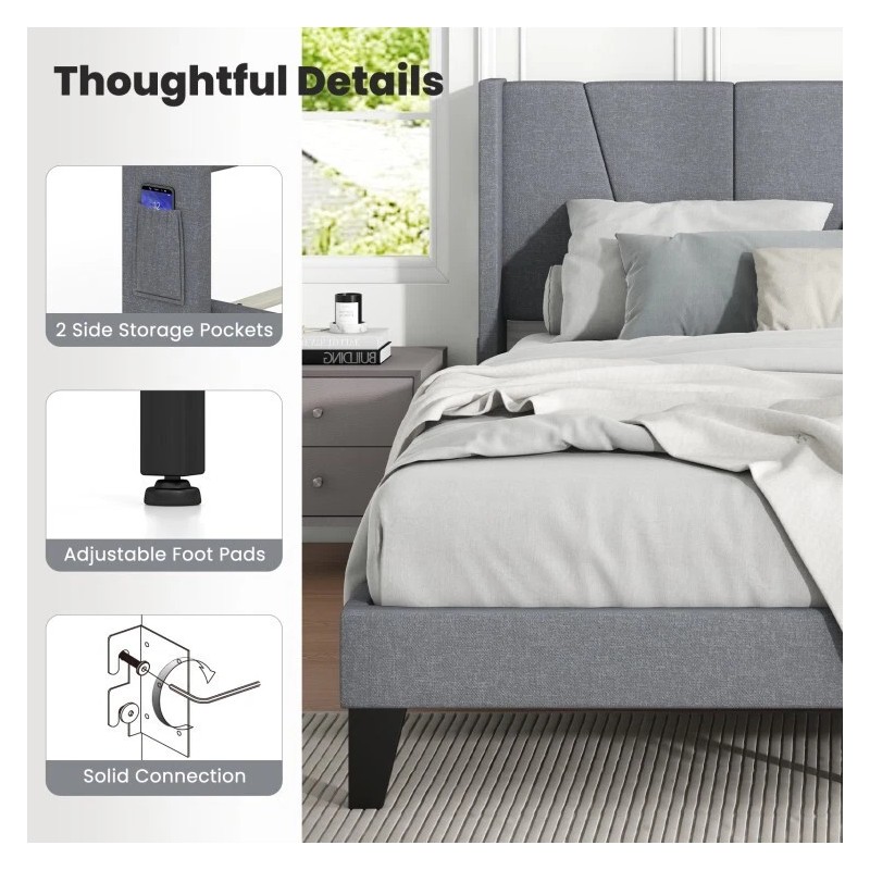 COSTWAY Queen Size Platform Bed Frame Heavy Duty w/Wingback Headboard