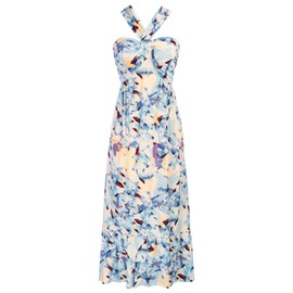 2025 Summer Women's Criss Cross Halterneck Sleeveless Floral Print Flowy A Line Maxi Dress Floral White Blue L