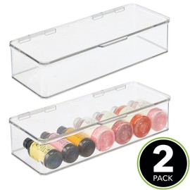 mDesign Long Plastic Kitchen Pantry/Fridge Storage Organizer Box Containers with Hinge Lid for Shelves or Cabinets, Holds Food, Snacks, Seasoning, Condiments, Flatware, Utensils, 2 Pack - Clear