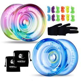 MAGICYOYO - Paquete de 2 Yoyos Responsive para niños principiantes, K2 Crystal Yoyos con 2 guantes Yoyo, 2 bolsas Yoyo, 12 cuerdas Yoyo (azul cristalino+azul rosa amarillo)