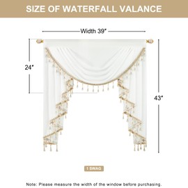 VOGOL White Sheer Valance with Shining Beaded, 39 Inches Wide European Style Waterfall Valances for Book Room, Light Filtering Silky Swag Curtain for Hotel Wedding Party, 1 Panel