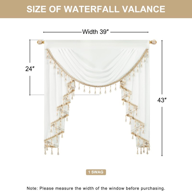 VOGOL White Sheer Valance with Shining Beaded, 39 Inches Wide