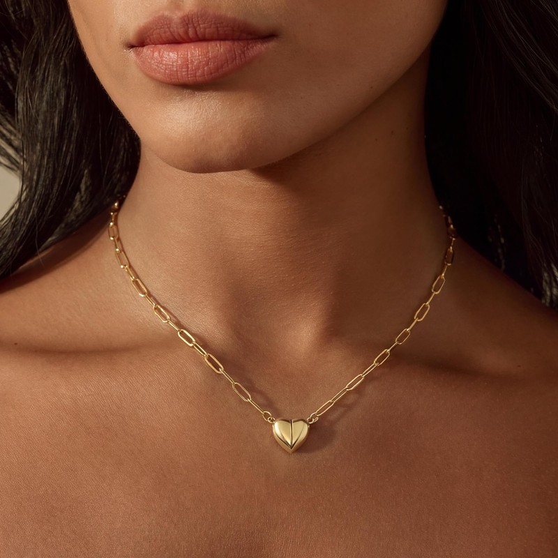 CTEEGN 14K Gold Heart Necklaces for Women, Dainty Paperclip Magnetic