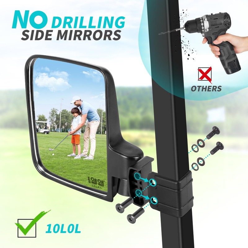 10L0L Golf Cart Mirror Sets -No Drilling Side Mirrors,Wide Angle