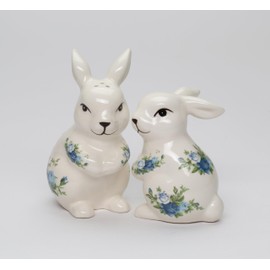 Fine Ceramic Easter Bunny Rabbit with Blue Roses Salt & Pepper Shakers Set, 3" H