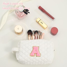 YOOLIFE Womens Travel Makeup Bag - Make Up Bag Small Cotton Cosmetic Bags for Women Teens Travel Bag Cute White Makeup Bag Unique Mom Teacher Gifts for Sister Friend Birthday Gifts for Her Letter T