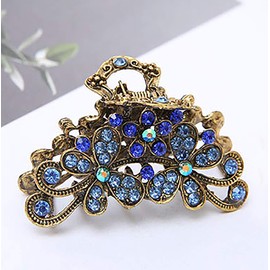 Retro Flowers Small Hair Claw Clip for Women Lady Vintage Alloy Rhinestone Hair Jaw Clips Hairpin Fancy Hair Barrette Clamp (Blue)