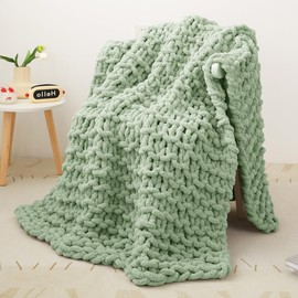 Knit Blanket 50"x60" Light Green Cream Soft Washable Chenille Throw Blanket Cozy 100% Handmade Crochet Blankets with Jumbo Chenille Yarn for Couch Bed Sofa Room Decor