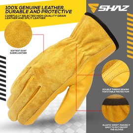 Shaz Cowhide Leather Work Gloves for Men & Women, DIY Yardwork Gardening Construction Working Gloves Puncture & Cut Resistant (Seude, Small)