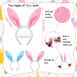 Tigeen 36 Pcs Easter Bunny Ears Headband Cute Rabbit Ears Hairband Bunny Costume Toys for Adult Kids Easter Party Favors(Pink, Blue)